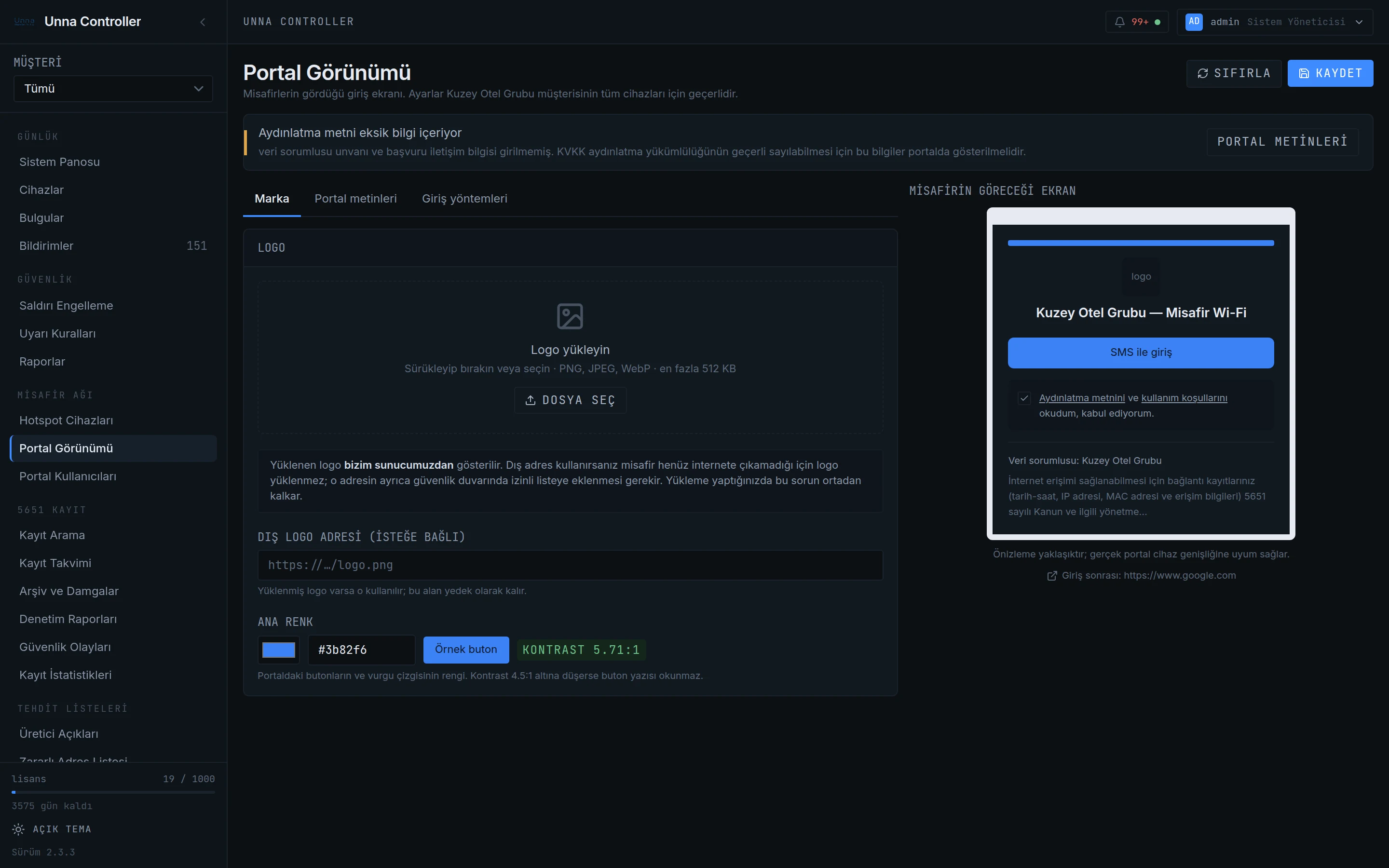 Hotspot portal görünümü ekranı: logo, ana renk ve portal metinleri ayarları ile misafirin göreceği SMS girişli karşılama sayfasının canlı önizlemesi